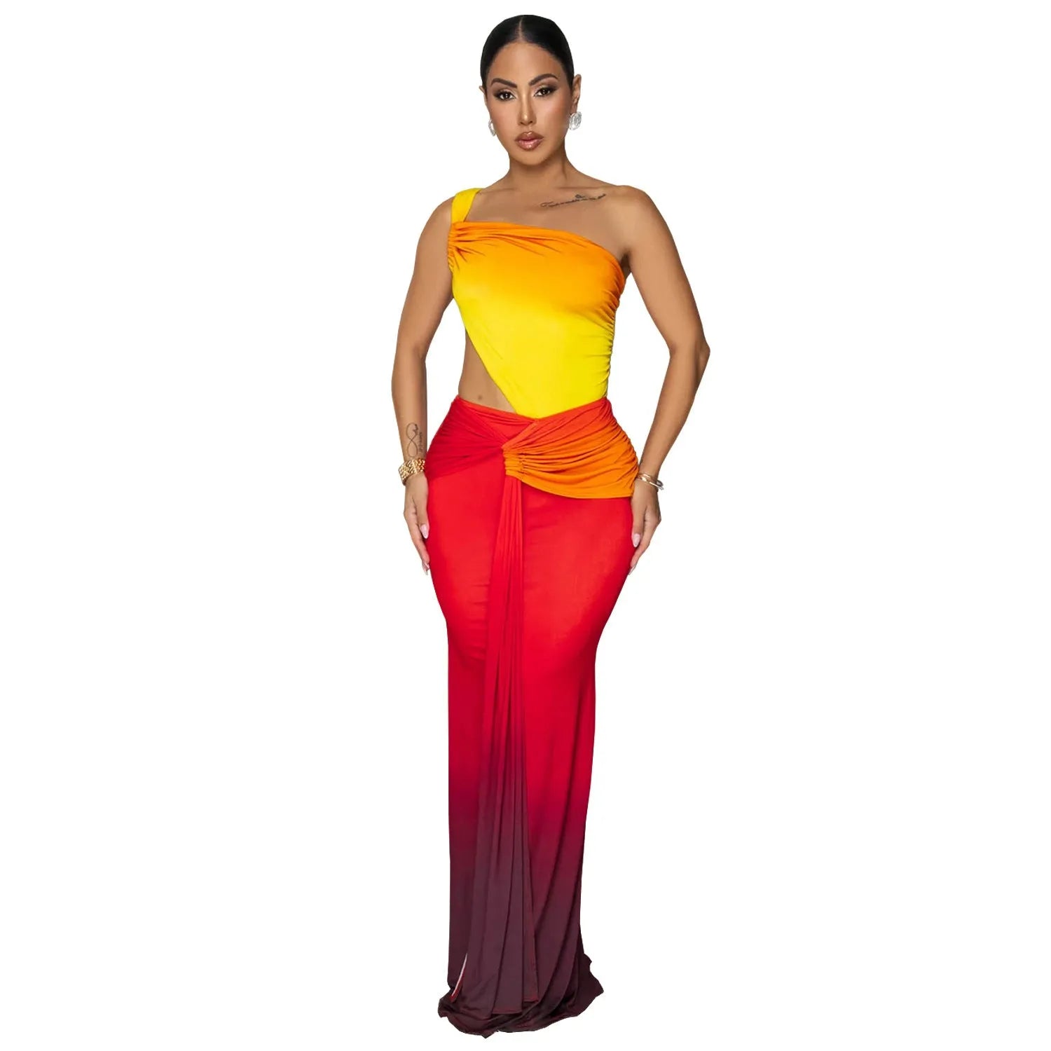 Women's gradient colour long skirt dress with asymmetric cross-shoulder design