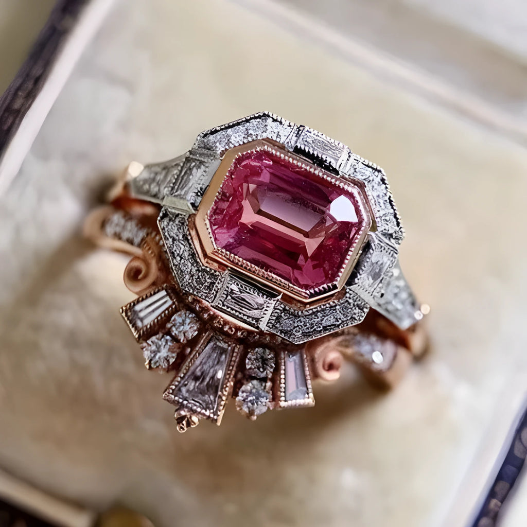 Rose gold coloured alloy women's ring with a geometric retro ruby style design on a hand.