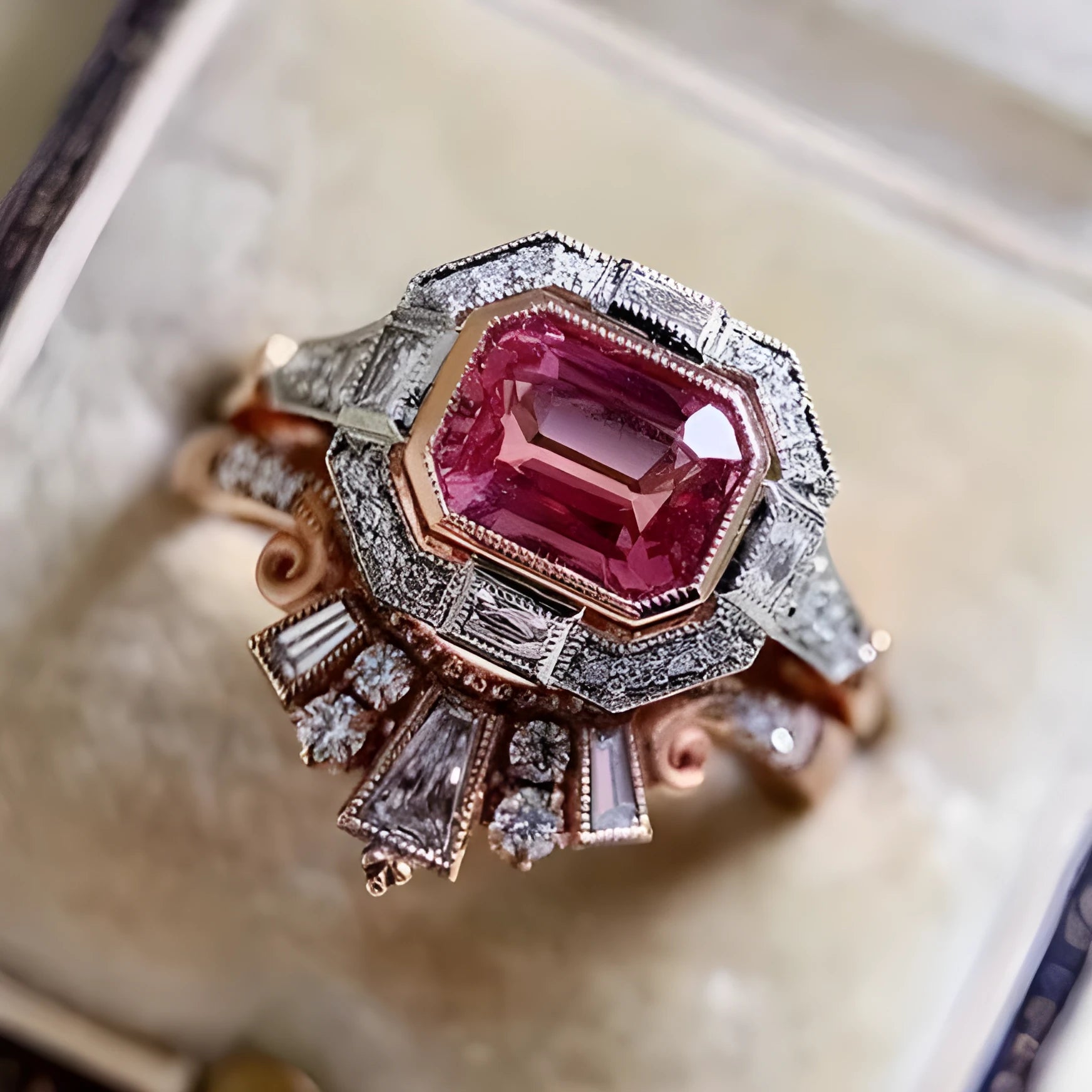 Rose gold coloured alloy women's ring with a geometric retro ruby style design on a hand.