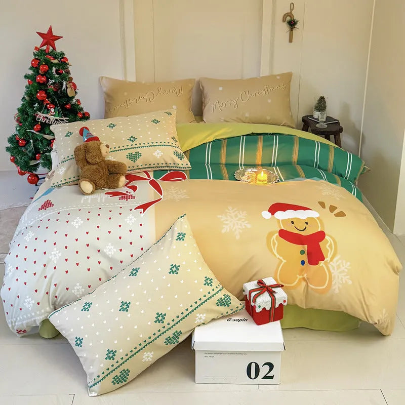 Christmas cartoon printed duvet cover and pillowcase set on a bed, showing Gingerbread Man or Tinker Bell design.
