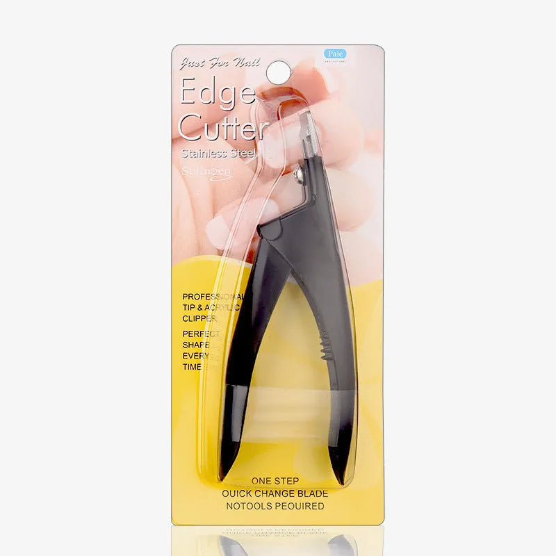Stainless steel nail scissors with French U-shaped blades for nail art, shown in black, titanium, or silver finishes.