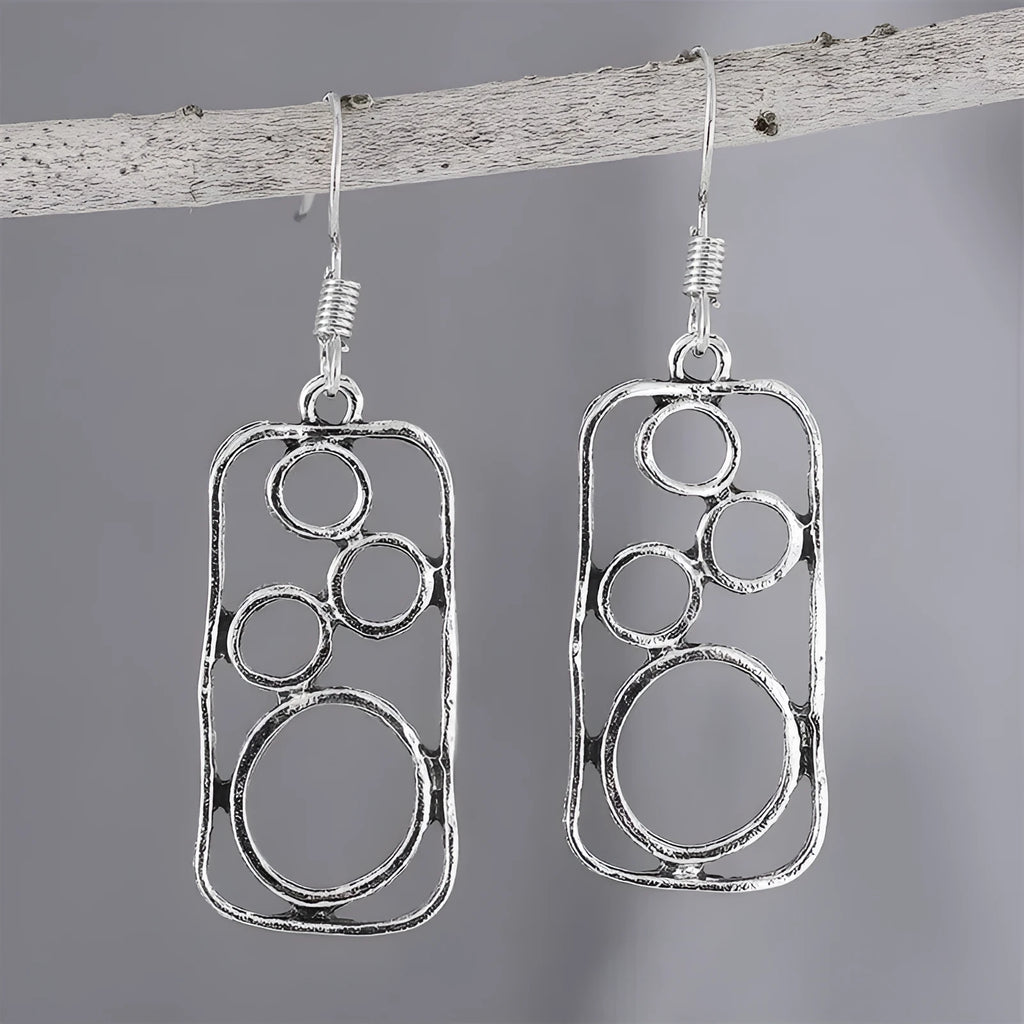 Geometric round ring earrings with irregular square design in antique silver colour