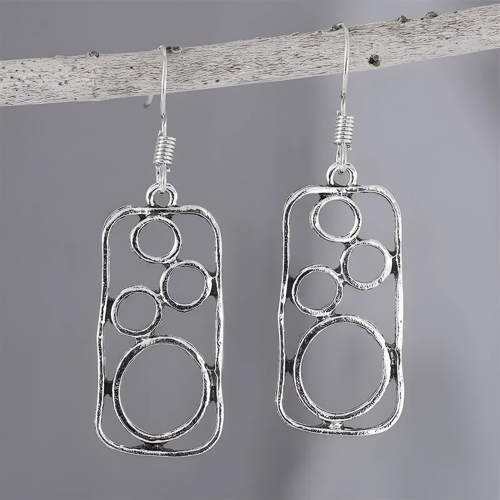 Geometric round ring earrings with irregular square design in antique silver colour