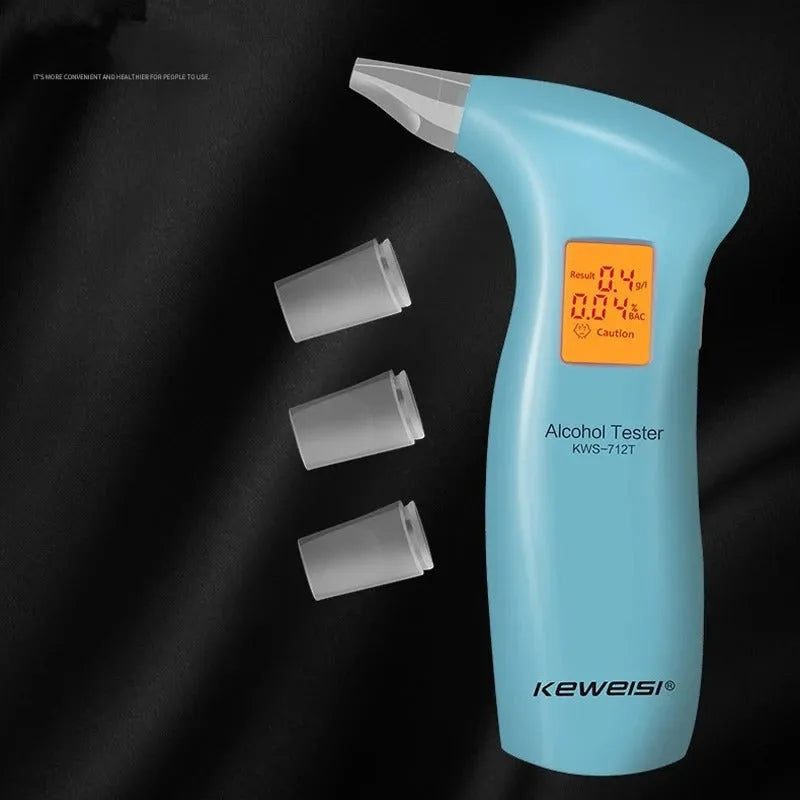 Portable orange light breath alcohol tester in black or blue casing with four separate mouthpieces.