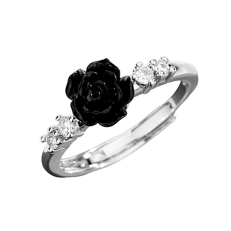 Copper flower ring with rose camellia design and zircon inlay, adjustable opening, 2g weight, available in multiple colours
