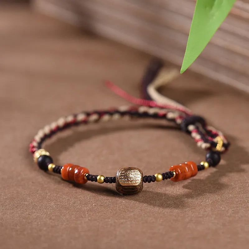 Hand-woven flexible wire watch band in ethnic style, showing Lapis Lazuli and Hongfei Ebony colour options.