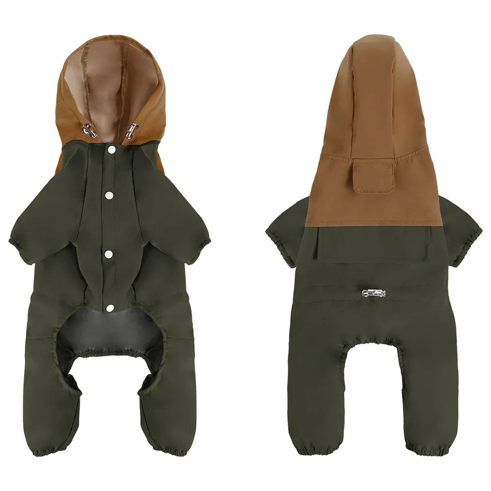 Khaki coloured waterproof polyester shell jacket on a small to medium sized dog.