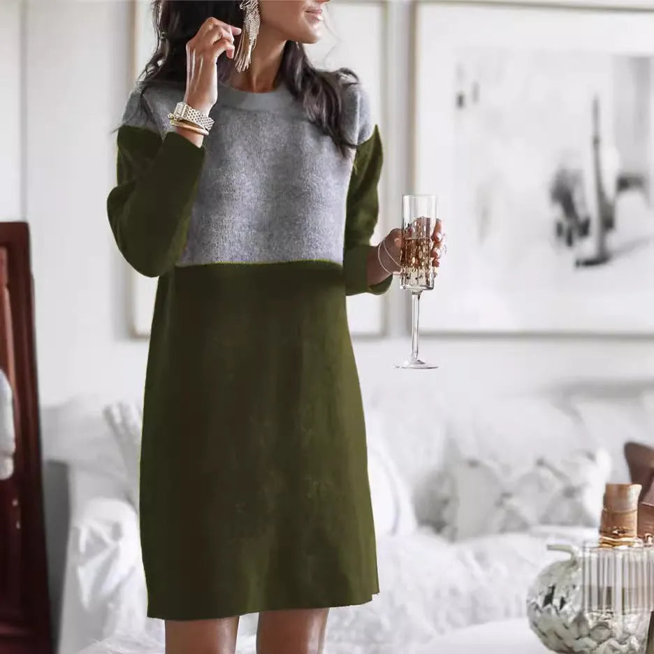 Brown women's polar fleece cotton dress with patchwork skirt, round neck, and long sleeves in retro art style
