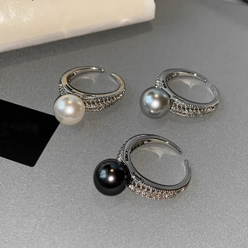 Copper geometric open ring for index finger in black pearl colour with adjustable opening