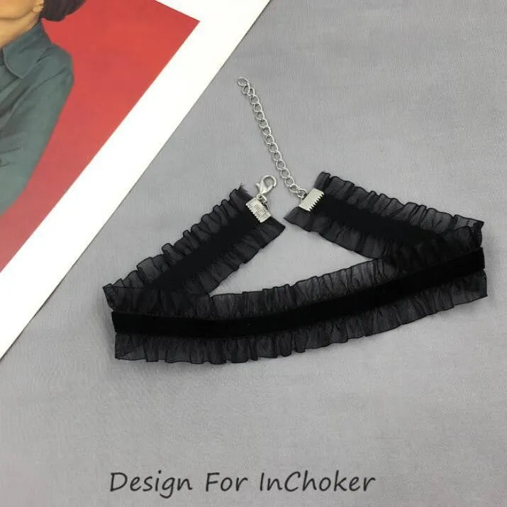 Velvet ruffled flower pendant necklace with snake bones chain in alloy