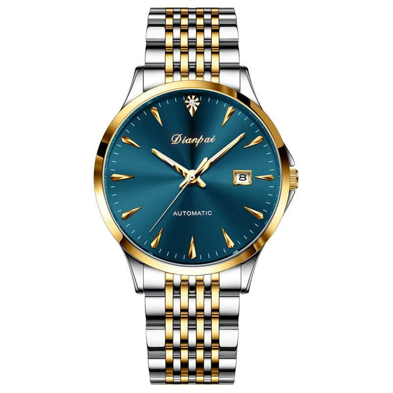 Men's simple dial automatic watch with stainless steel strap on wrist, showing golden black colour variant.