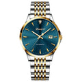 Men's simple dial automatic watch with stainless steel strap on wrist, showing golden black colour variant.