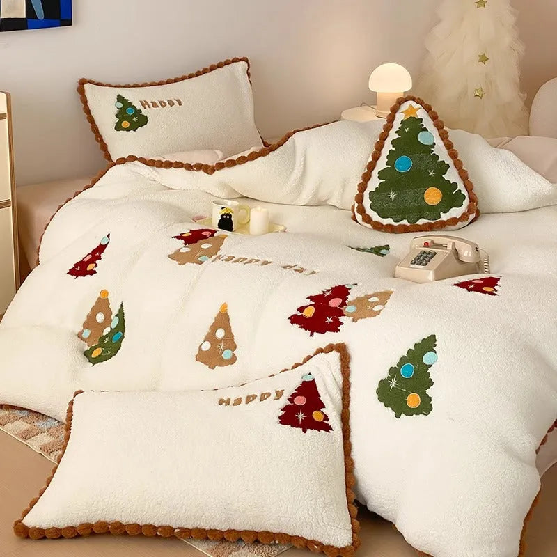 Bright yellow fleece-lined bedding set with cartoon Christmas tree embroidery on duvet cover and pillowcases.