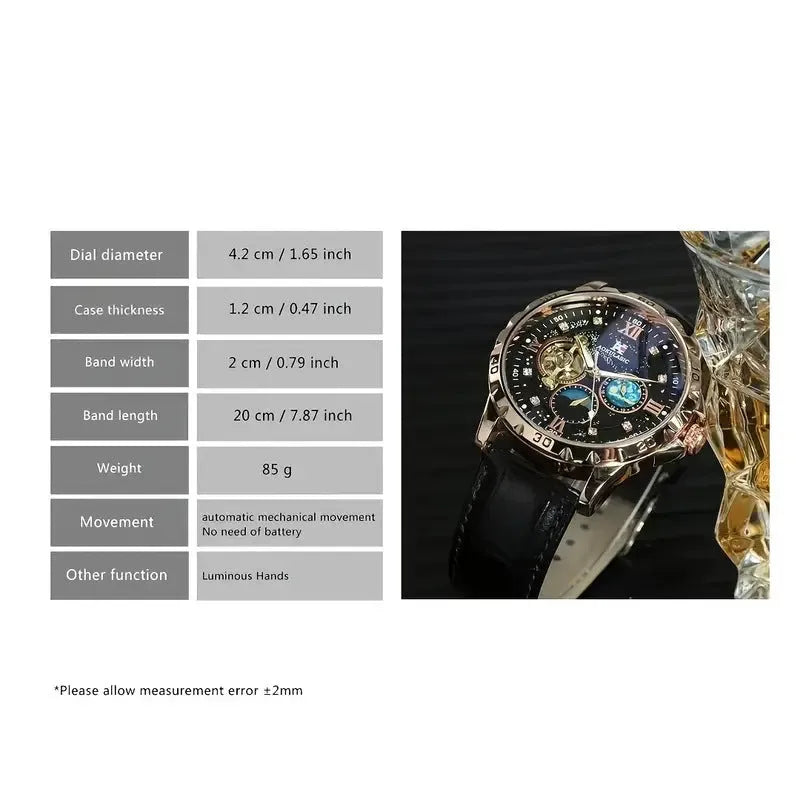 Men's automatic skeleton watch with black dial, rose gold case, and brown leather strap on wrist.