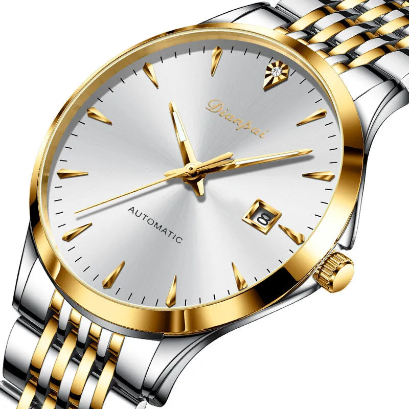Men's simple dial automatic watch with stainless steel strap on wrist, showing golden black colour variant.