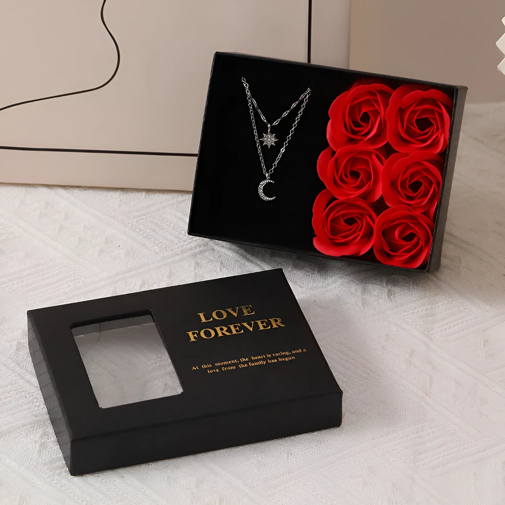 Six red soap roses in a black gift box with a matching handbag, a Korean style Valentine's gift set.