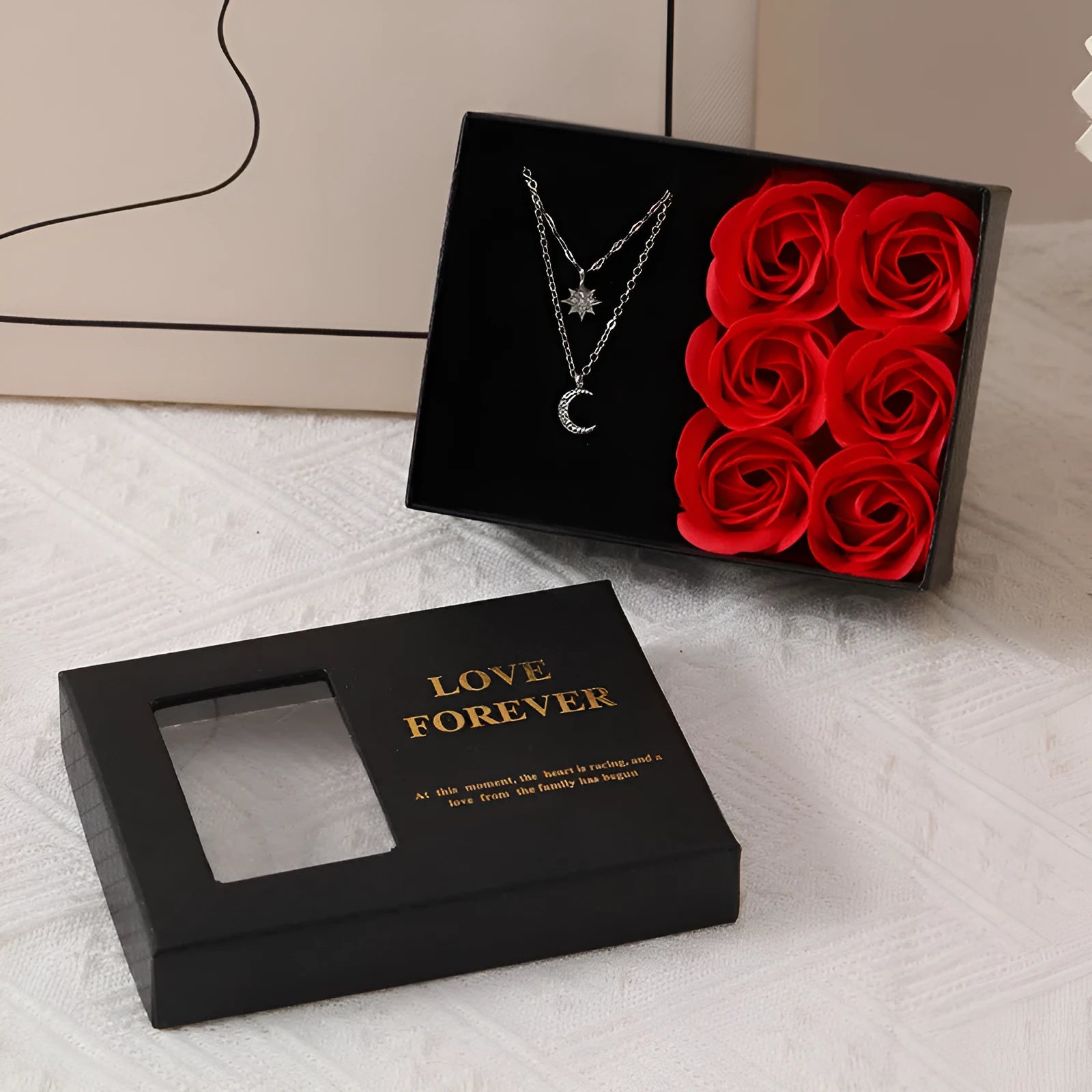 Six red soap roses in a black gift box with a matching handbag, a Korean style Valentine's gift set.