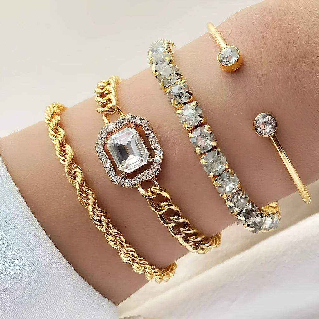 Women's retro geometric jewellery four-piece set with square diamond links in gold and silver options