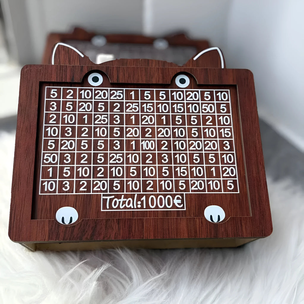 Wooden digital coin bank with retro design showing currency library styling
