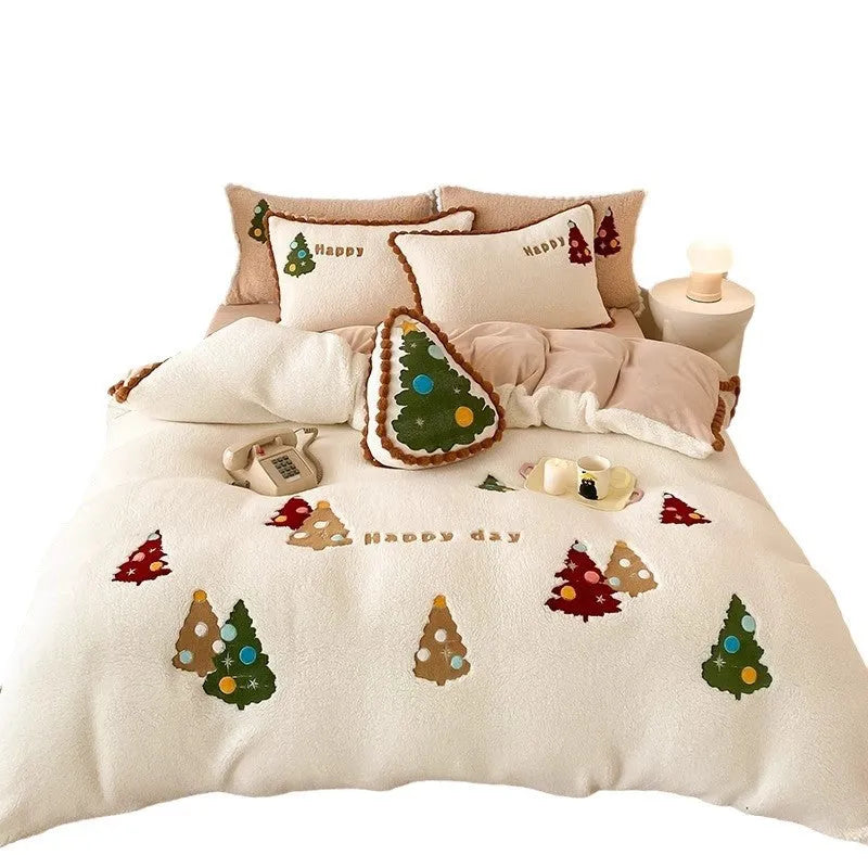 Bright yellow fleece-lined bedding set with cartoon Christmas tree embroidery on duvet cover and pillowcases.