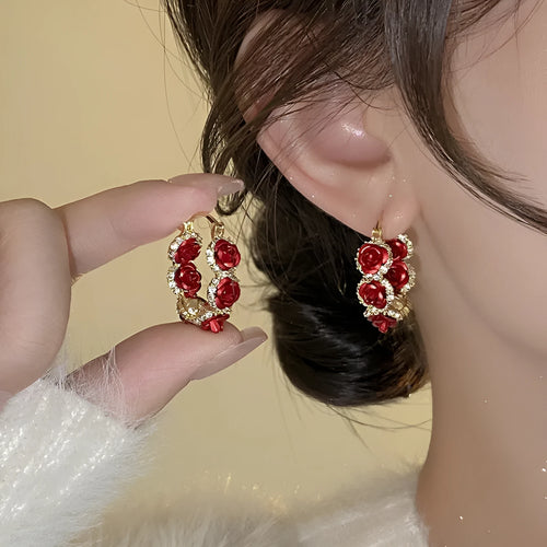 Red rose pattern alloy clip earrings with floral design for non-pierced wear