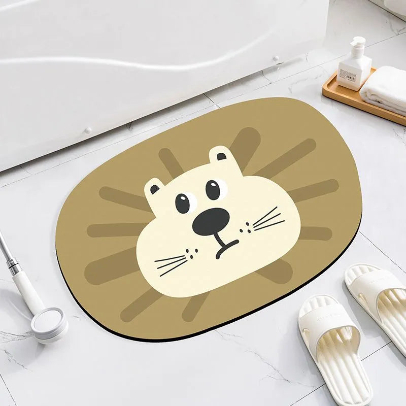 Cartoon animal diatom absorbent bathroom mat in bear pattern on tiled floor.