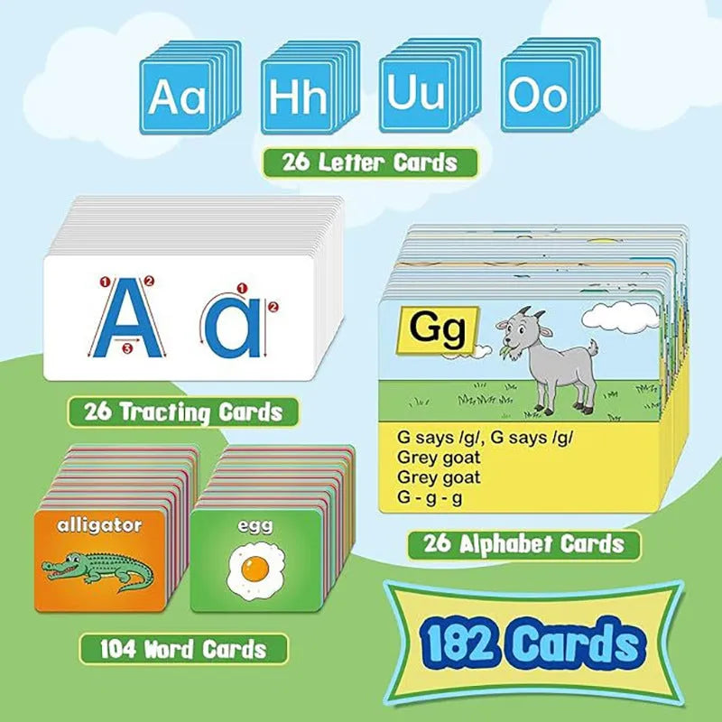 Creative Letters Learning Sleeve Table Chart, a blue fabric play mat with card sleeves, surrounded by letter, picture, and word cards.