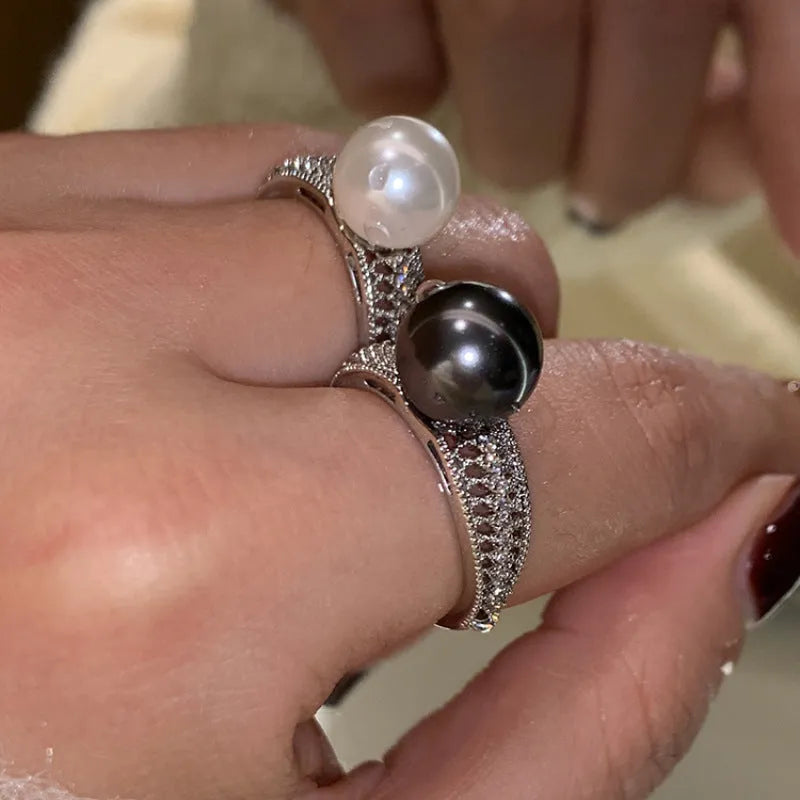 Copper geometric open ring for index finger in black pearl colour with adjustable opening