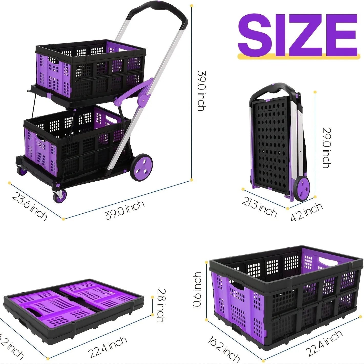 Blue foldable shopping trolley with double plastic baskets and wheels, shown with handle extended.