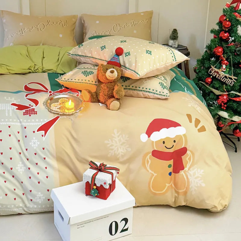 Christmas cartoon printed duvet cover and pillowcase set on a bed, showing Gingerbread Man or Tinker Bell design.