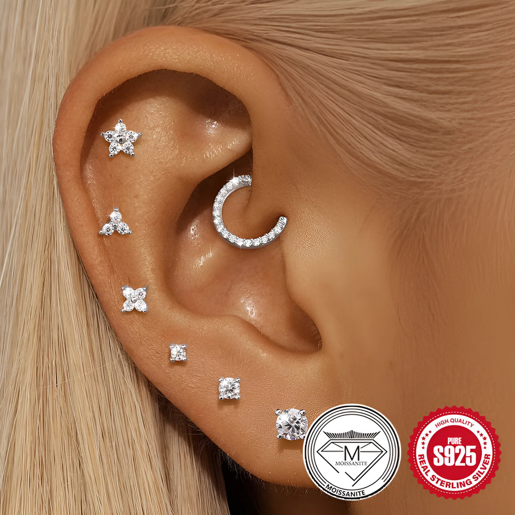 S925 sterling silver geometric earrings with petal designs and debris stud style in platinum colour