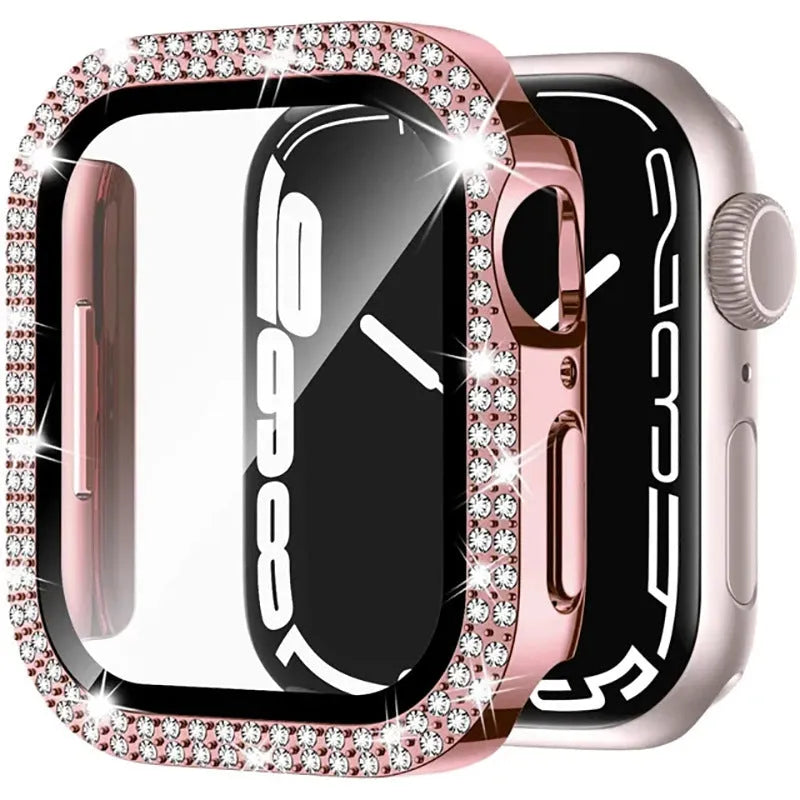 Apple Watch case with peep-proof double diamond glass in rose pink, gold, silver, black, Starlight, and rose gold colour options.