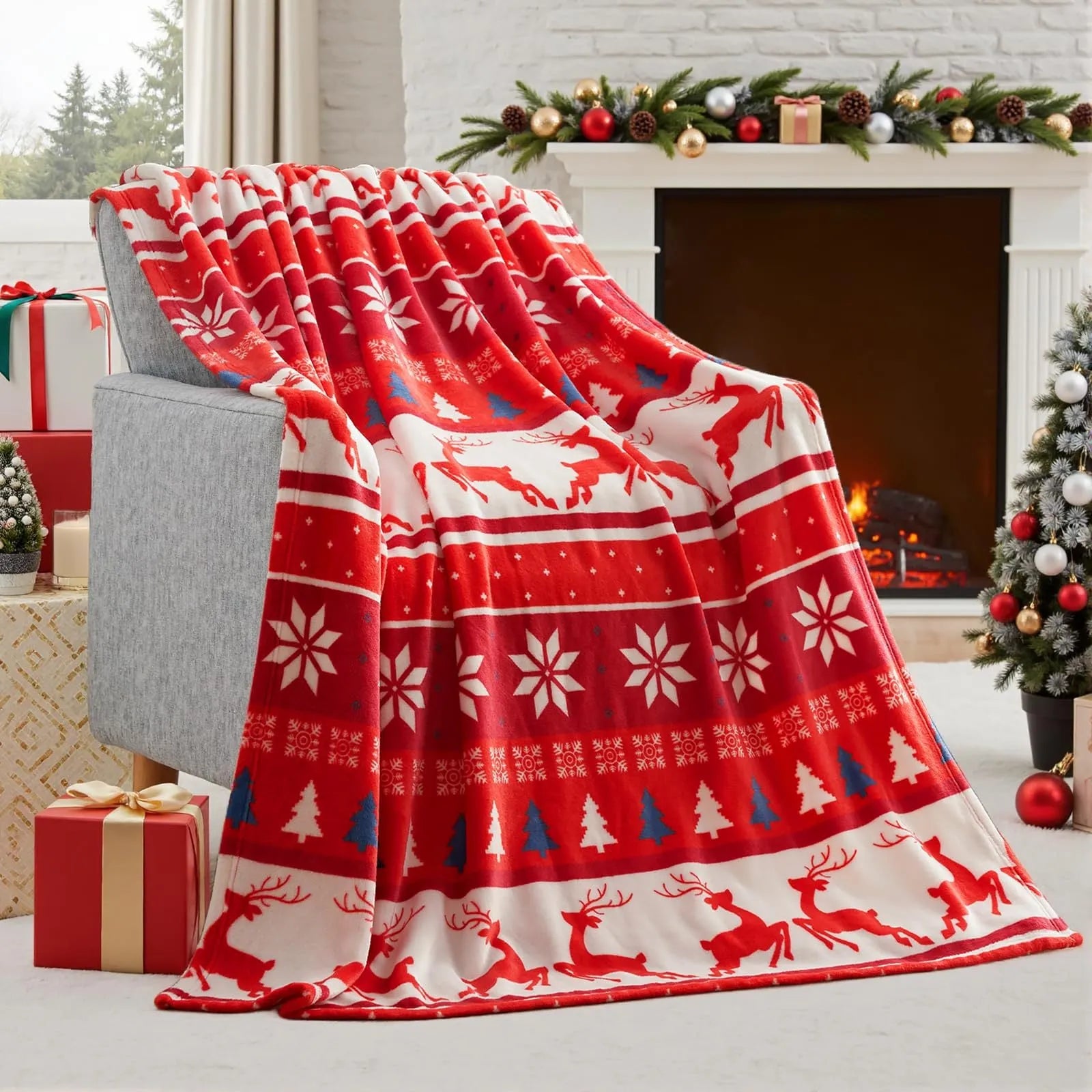 Soft flannel Christmas blanket in a plush polyester material, shown in one of five available colours.