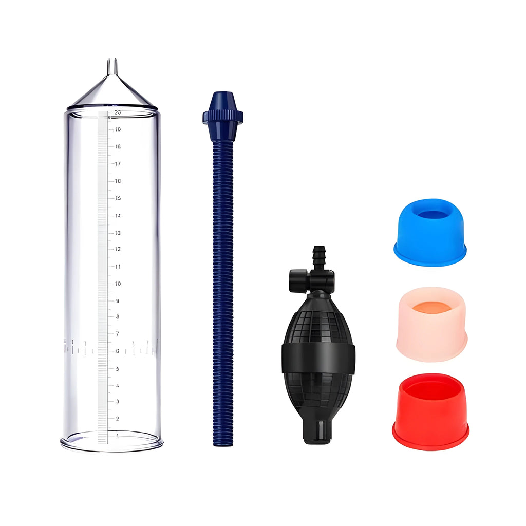Male penis simulator silicone cover accessory with plastic valve exerciser and complete component set