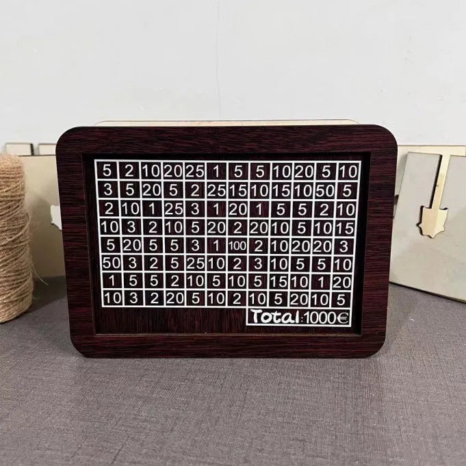Wooden digital coin bank with retro design showing currency library styling