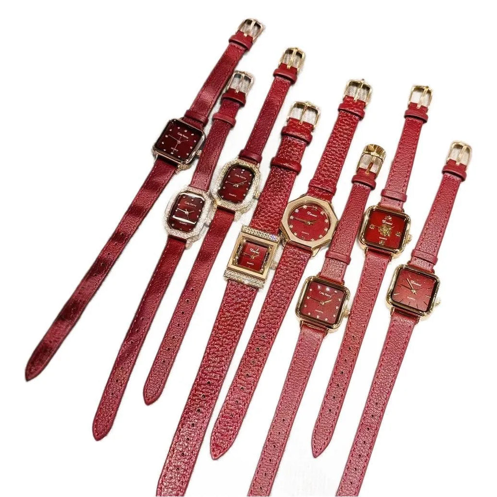 Chinese style red alloy women's wristwatch with a decorative dial on a 8mm thick case.