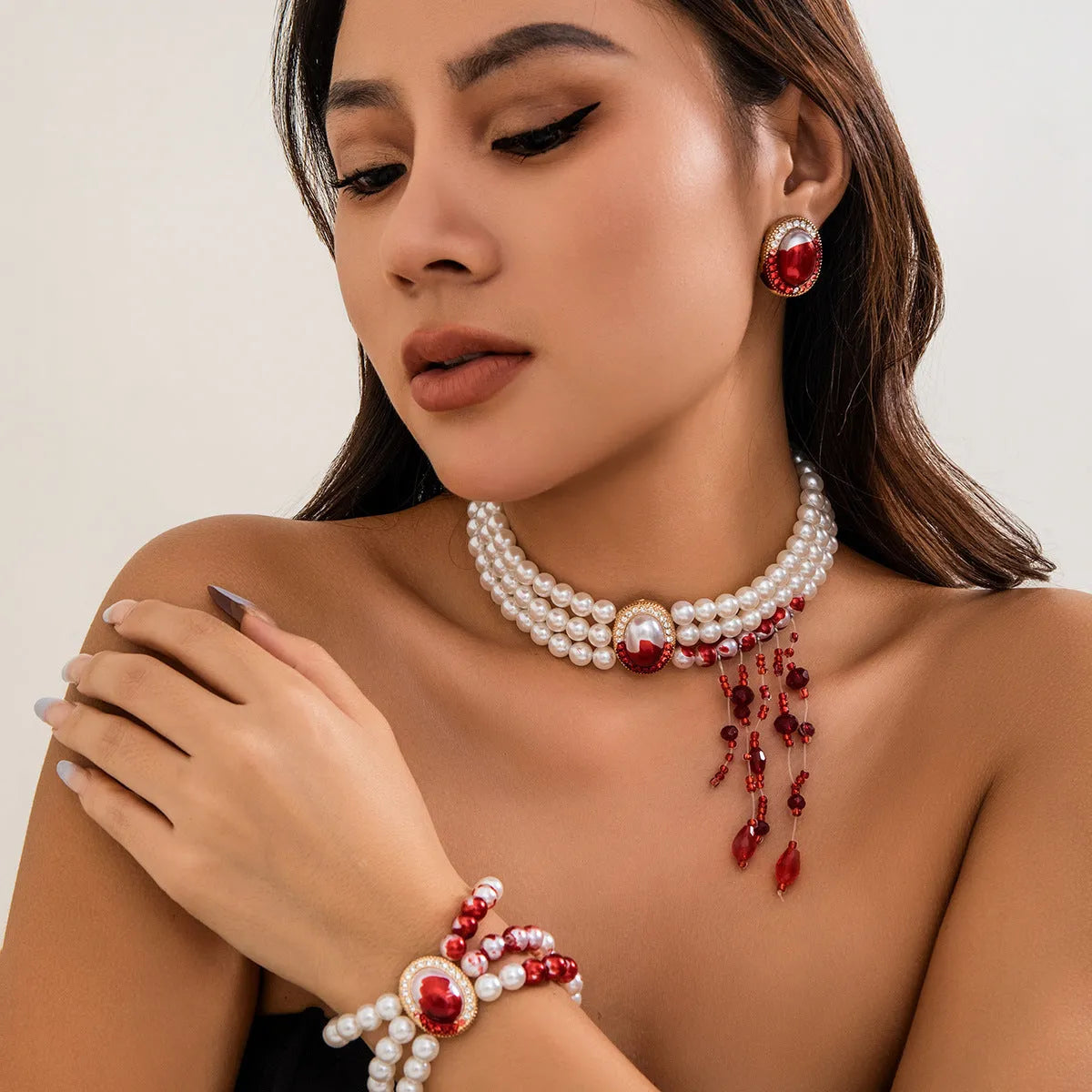 Halloween pearl collar jewellery set with gold electroplated necklace, bracelet and earrings in retro gothic style