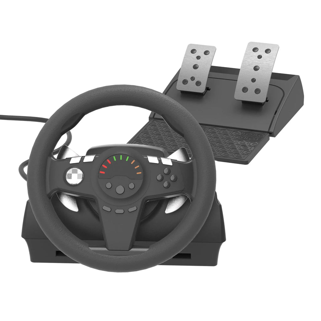 Black multi-platform game steering wheel with two pedals and paddle shifters on a desk.