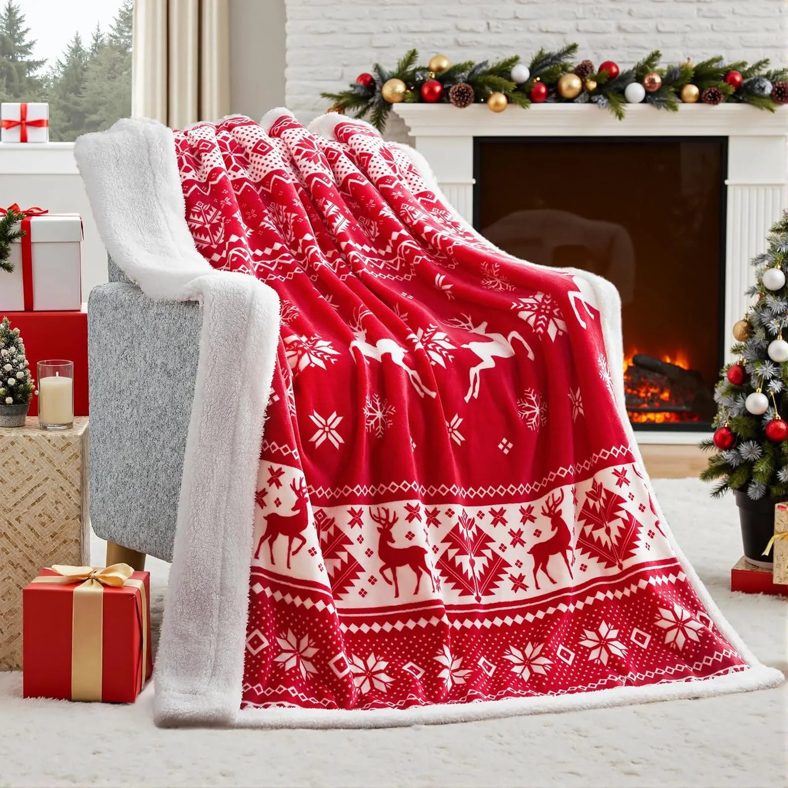 Soft red flannel Christmas blanket with a plush texture, shown draped over a sofa.