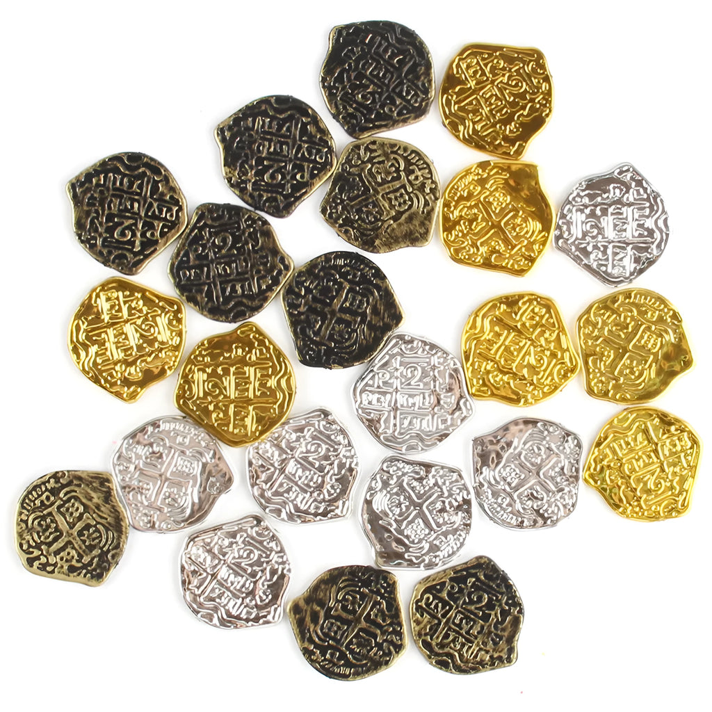 Doli set of 100 plastic Roman pirate coins in gold, silver, or bronze electroplated finish
