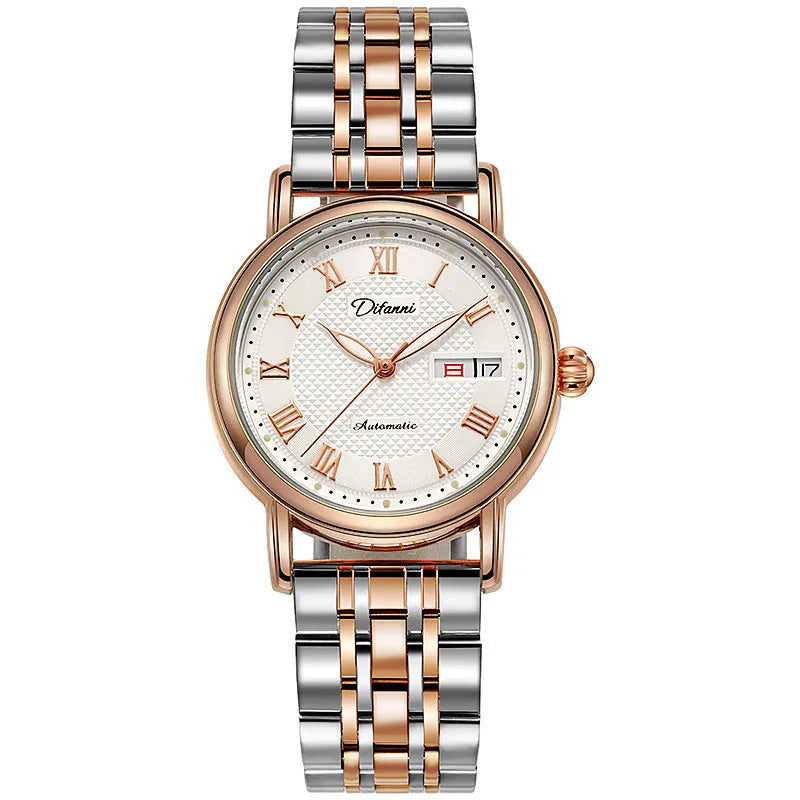 Women's automatic mechanical watch with steel case and choice of steel bracelet or coloured leather strap.