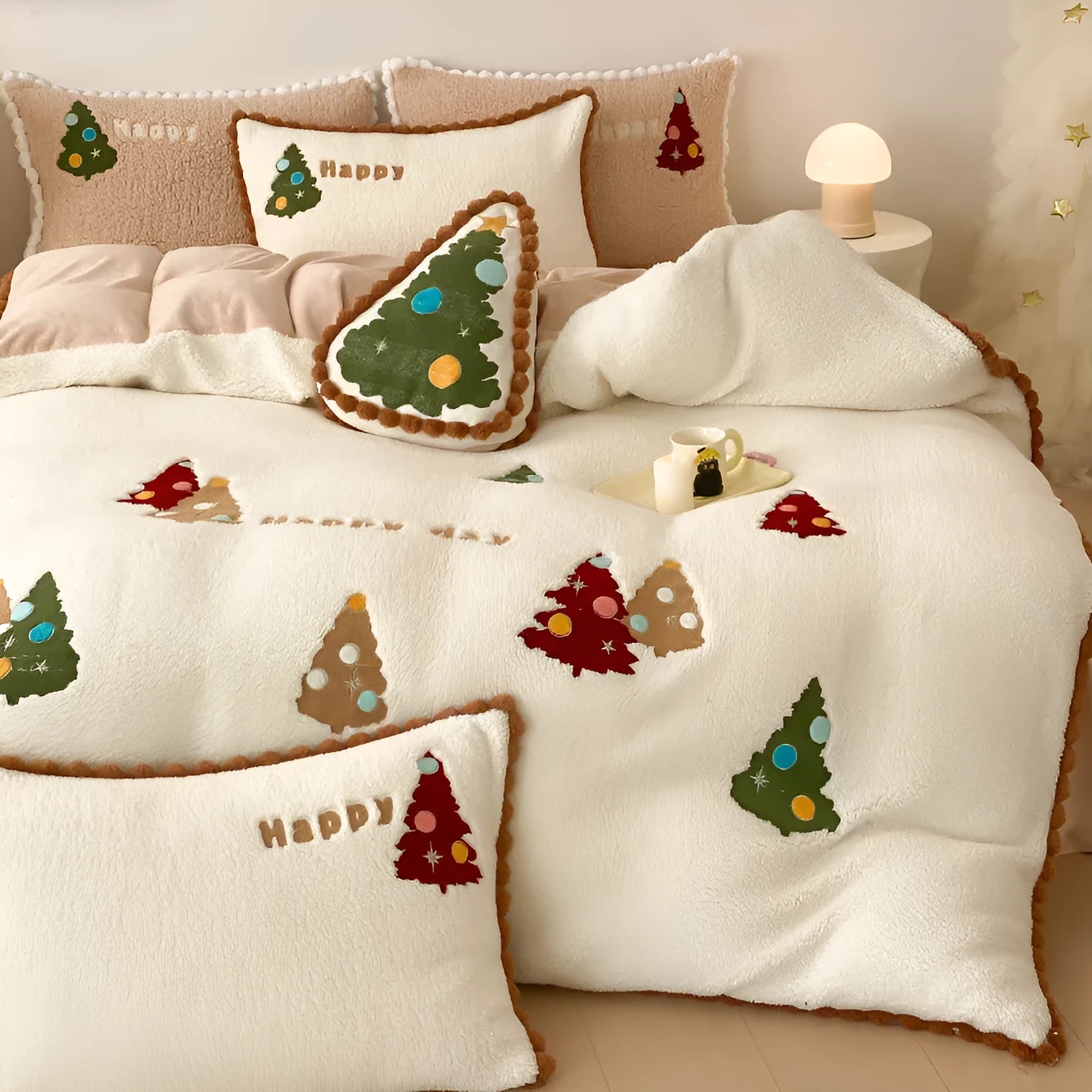 Bright yellow fleece-lined bedding set with cartoon Christmas tree embroidery on duvet cover and pillowcases.
