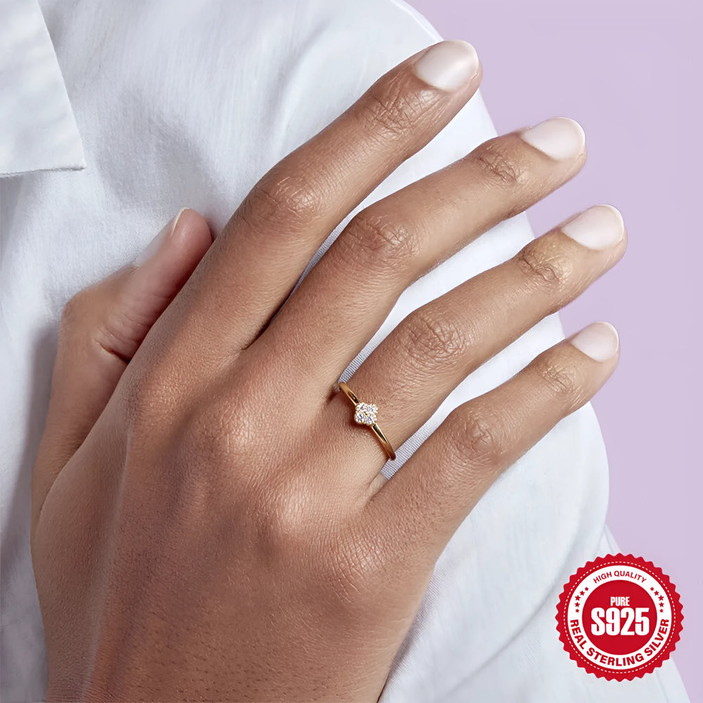 Simple silver ring for women with gold turquoise or white diamond accent, sizes 6 to 8