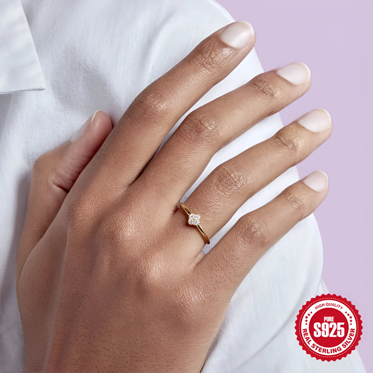Simple silver ring for women with gold turquoise or white diamond accent, sizes 6 to 8