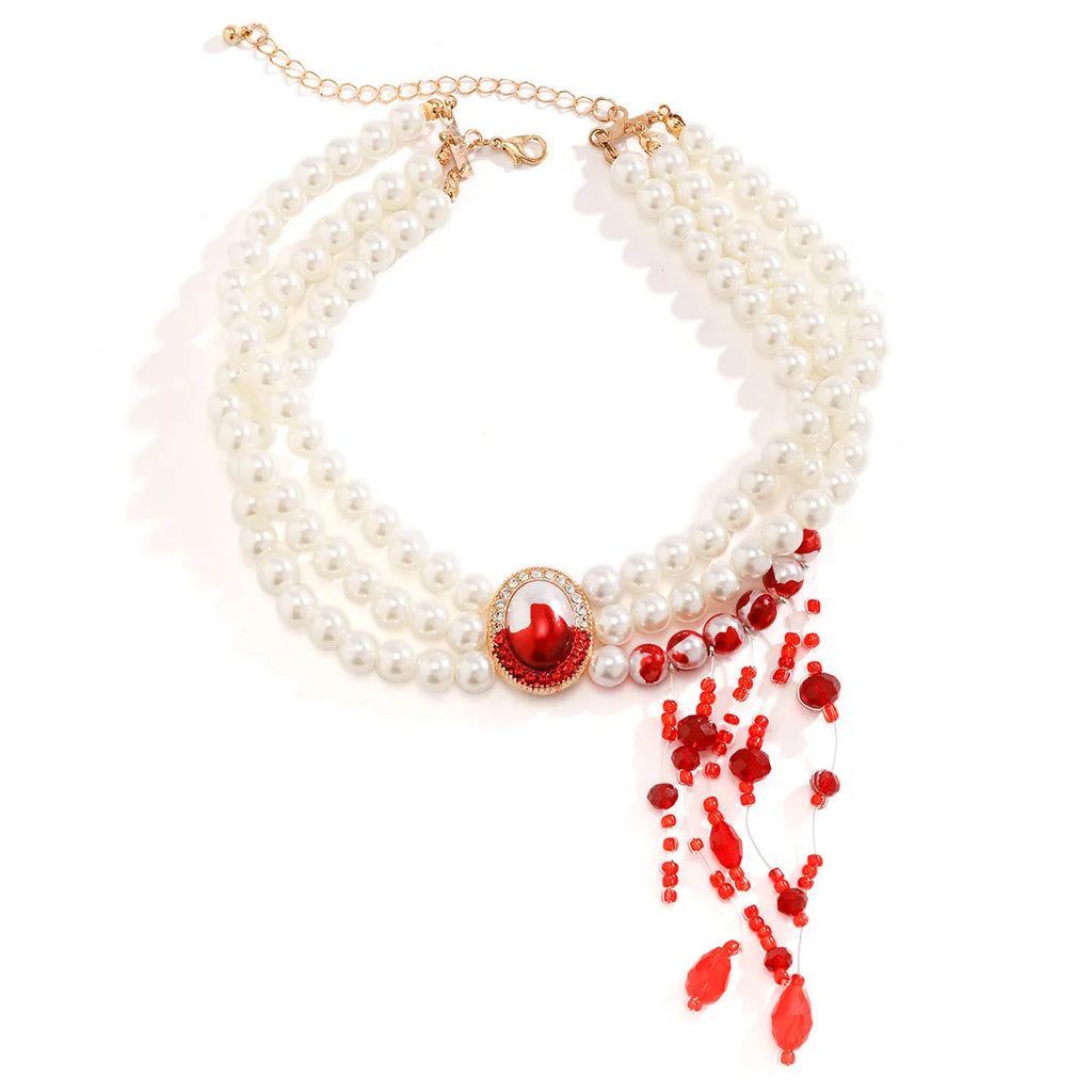 Halloween pearl collar jewellery set with gold electroplated necklace, bracelet and earrings in retro gothic style