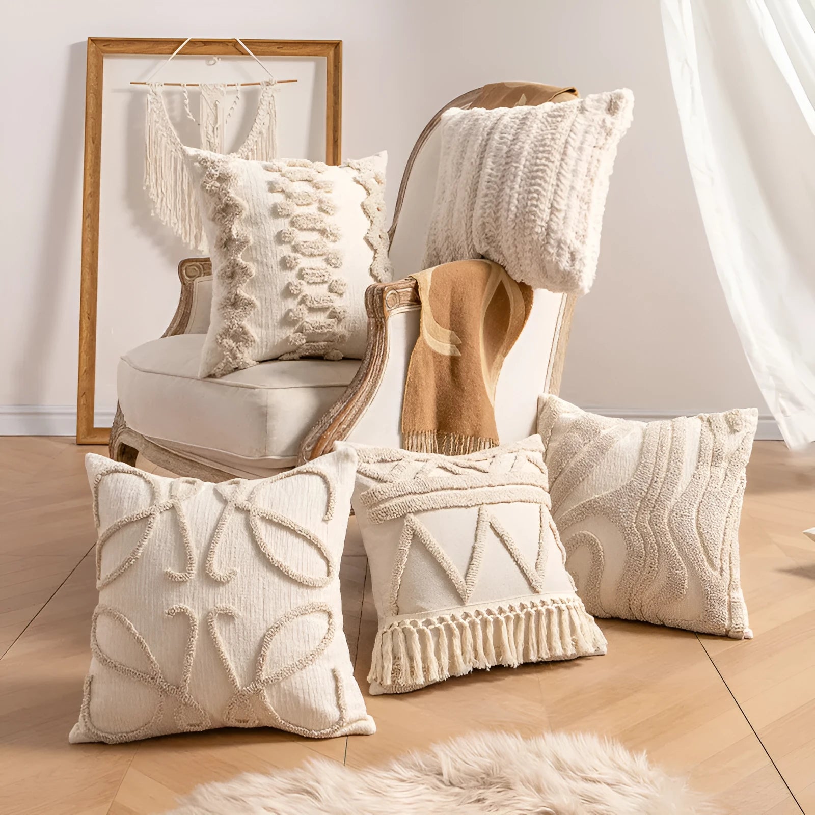 Knitted decorative cushion cover with tassel fringe in spiral dots pattern showing 45x45cm size