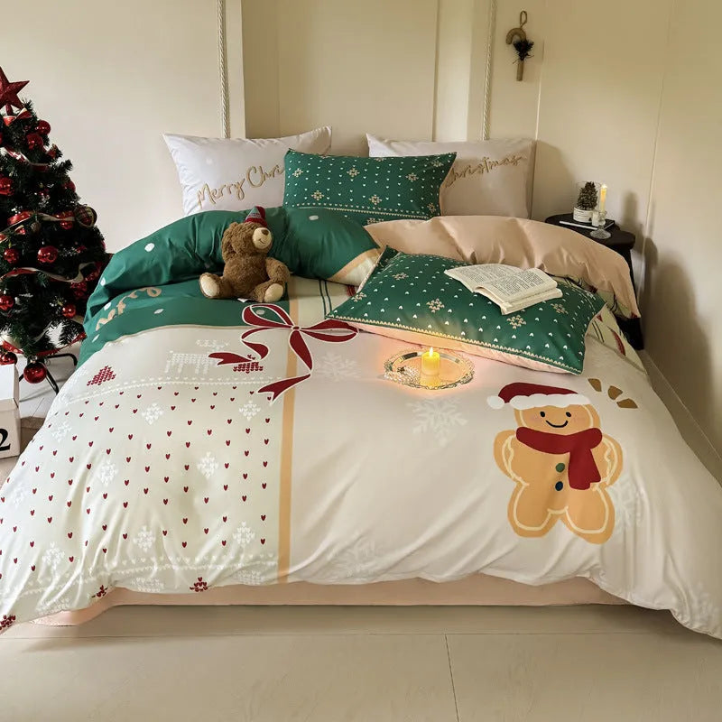 Christmas cartoon printed duvet cover and pillowcase set on a bed, showing Gingerbread Man or Tinker Bell design.