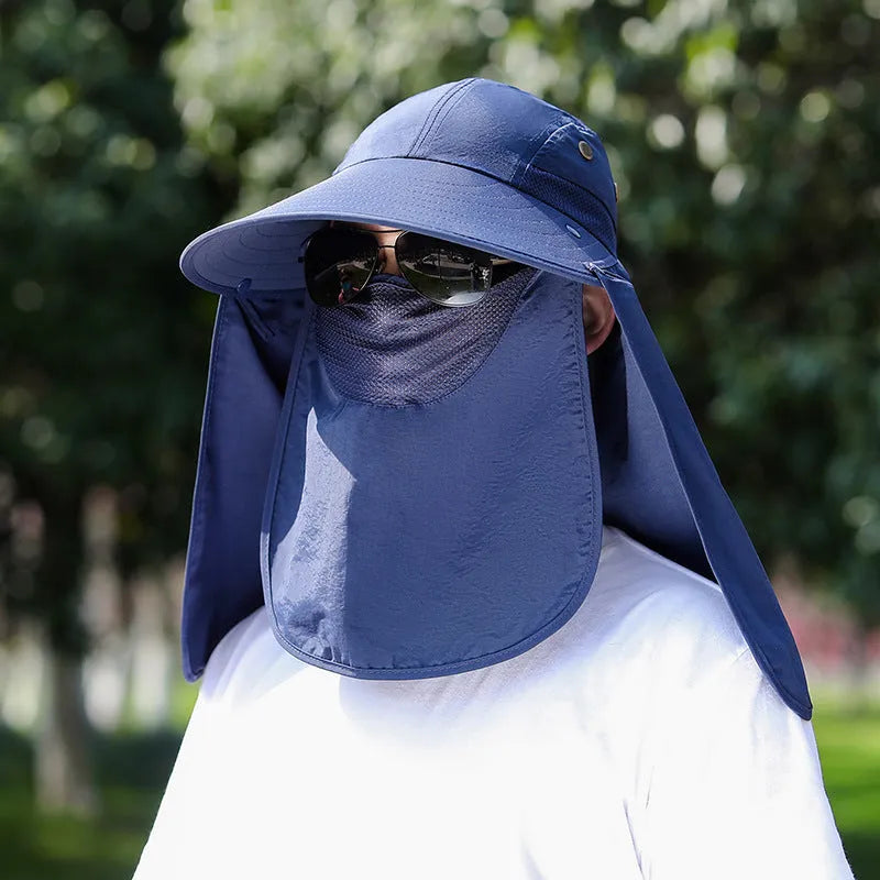 Man's khaki sun hat with wide brim, neck cover, and a visible USB fan module on the front.