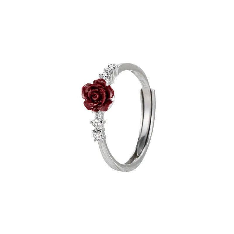 Copper flower ring with rose camellia design and zircon inlay, adjustable opening, 2g weight, available in multiple colours