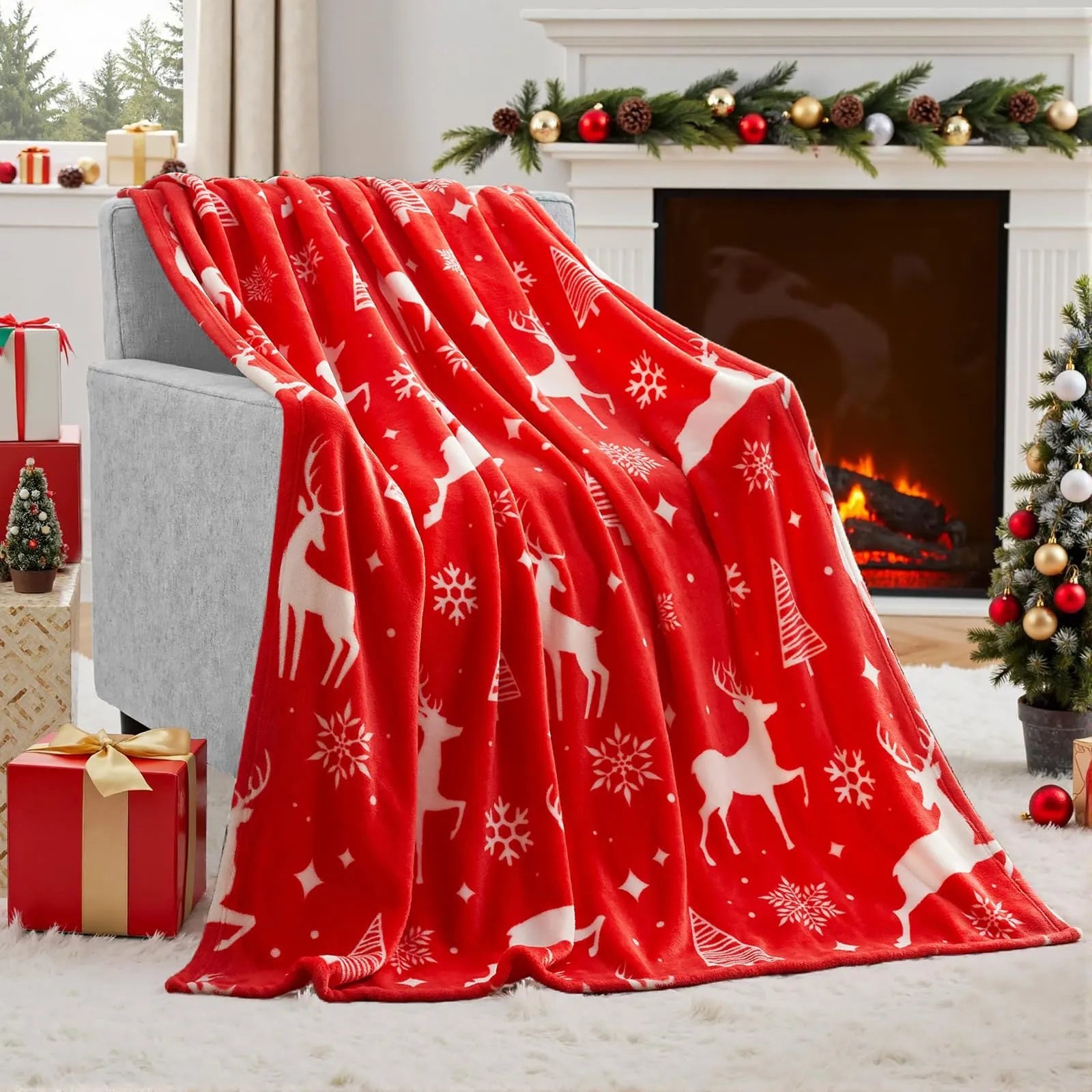 Soft plush red Christmas blanket draped over a sofa.